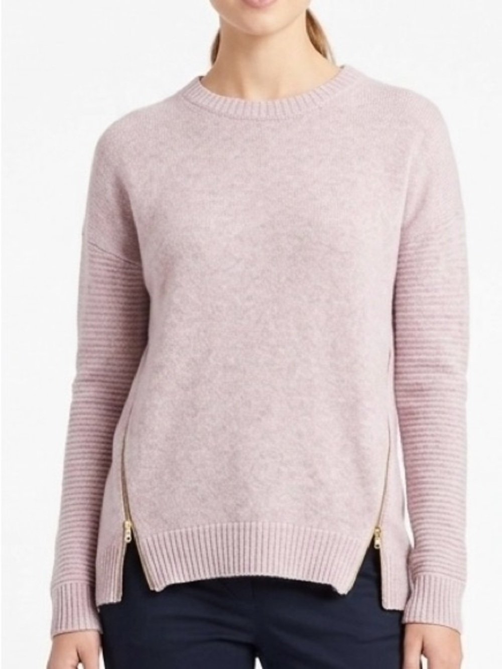 Crew Side Zip Crewneck Sweater XXS Pink Knit Quiet Luxury Elevated Casual
